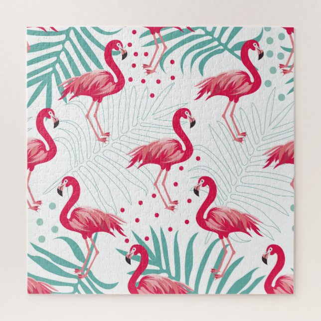 Tropischer Flamingo und Blätter, Sommermuster. Puzzle (Vertikal)