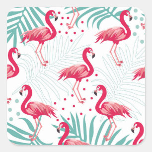 Tropischer Flamingo und Blätter, Sommermuster. Quadratischer Aufkleber
