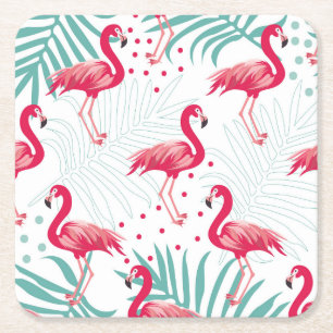 Tropischer Flamingo und Blätter, Sommermuster. Rechteckiger Pappuntersetzer