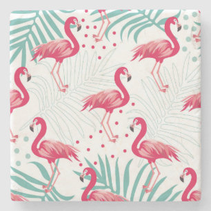 Tropischer Flamingo und Blätter, Sommermuster. Steinuntersetzer