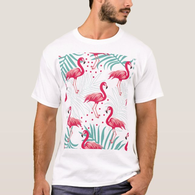 Tropischer Flamingo und Blätter, Sommermuster. T-Shirt (Vorderseite)