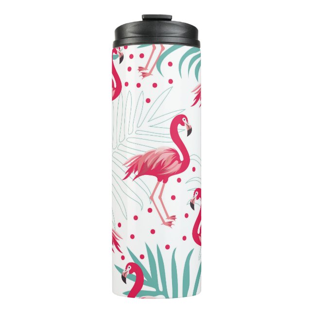Tropischer Flamingo und Blätter, Sommermuster. Thermosbecher (Vorderseite)