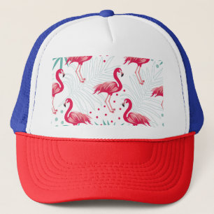 Tropischer Flamingo und Blätter, Sommermuster. Truckerkappe