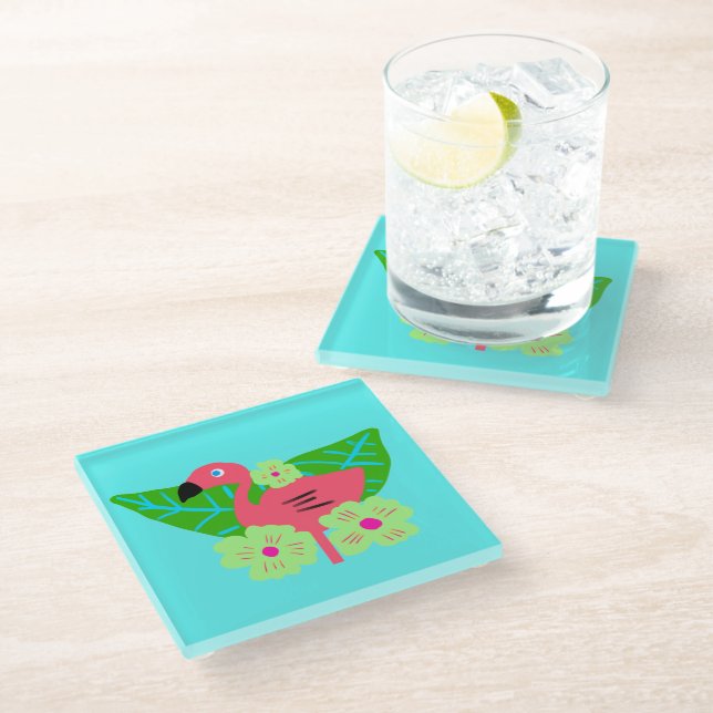 Tropischer Flamingo und Blume Glasuntersetzer (Schrägansicht)