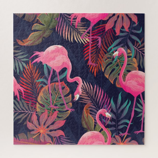 Tropischer Flamingo: Vintages Palmmuster. Puzzle (Vertikal)