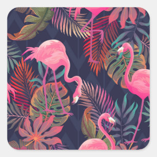 Tropischer Flamingo: Vintages Palmmuster. Quadratischer Aufkleber