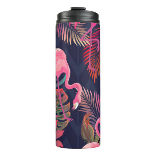 Tropischer Flamingo: Vintages Palmmuster. Thermosbecher