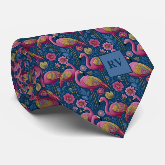 Tropischer Flamingogarten auf Navyblau Krawatte (Gerollt)