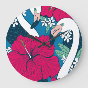 Tropischer Flamingos: Hibiskus Plumeria Hintergrun Große Wanduhr