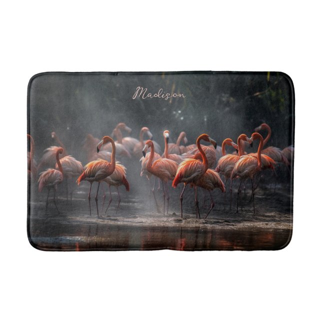 Tropischer Flamingos-individuelle Name Badematte (Vorderseite)