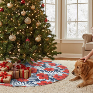 Tropischer Foliage Roter Hibiskus Weihnachten Polyester Weihnachtsbaumdecke