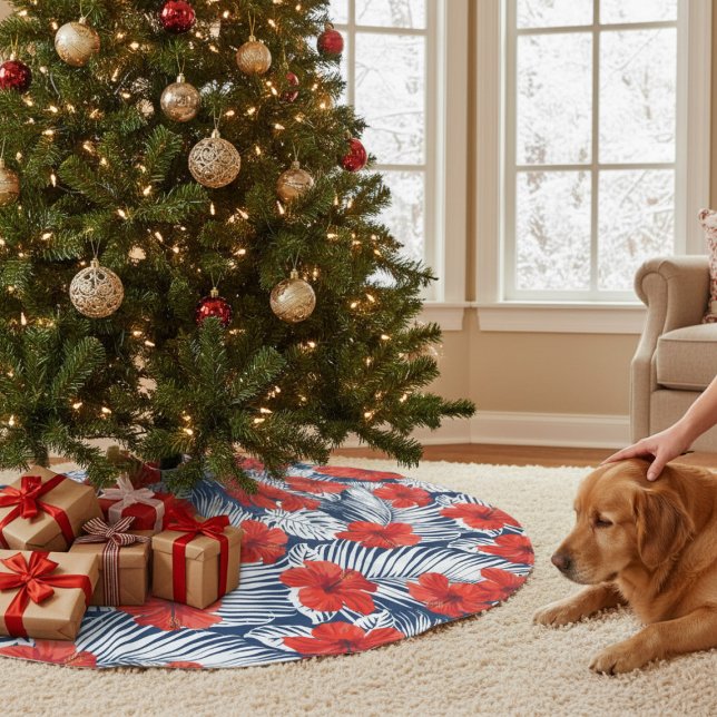 Tropischer Foliage Roter Hibiskus | Weihnachten Polyester Weihnachtsbaumdecke (Von Creator hochgeladen)