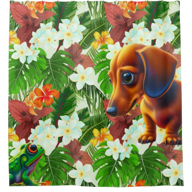 Tropischer Frosch und Dachshund  Duschvorhang (Vorderseite)