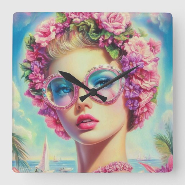 Tropischer Glamour Queen Quadratische Wanduhr (Vorderseite)