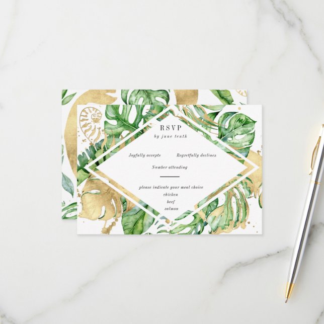 Tropischer Golden Foliage RSVP-Karte RSVP Karte (Vorderseite/Rückseite Beispiel)