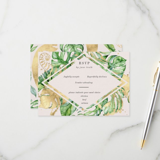 Tropischer Golden Foliage RSVP-Karte RSVP Karte (Vorderseite/Rückseite Beispiel)