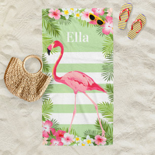 Tropischer grüner Flamingo-Streifen-Monogramm Strandtuch