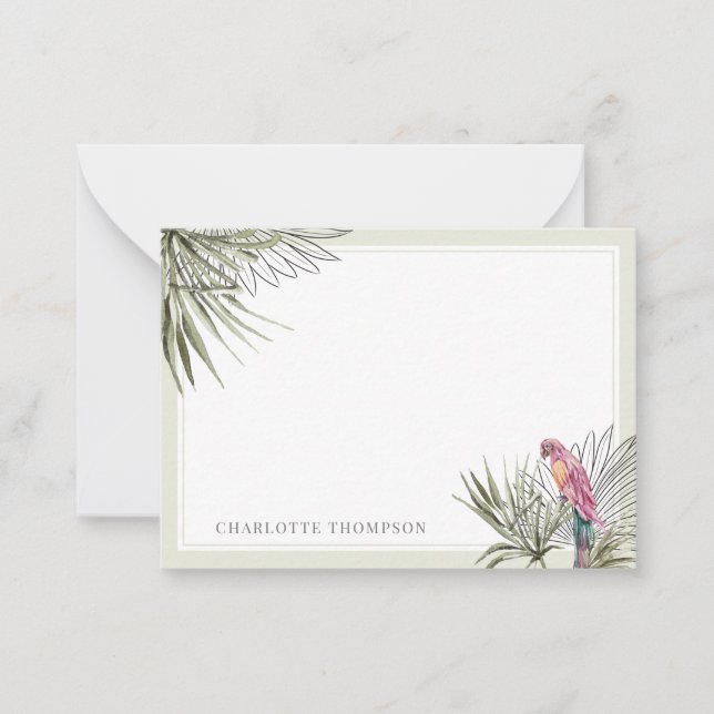 Tropischer Grünpalm und Personalisierter Papagei Mitteilungskarte (Vorderseite)