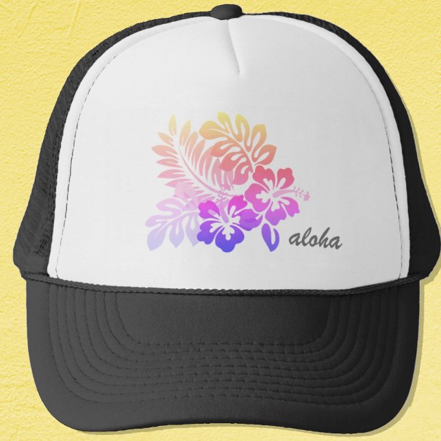Tropischer hawaiianischer Hibiskus Aloha Script Truckerkappe ("Everyday is abundantly beautiful." 
Sincerely Best Wishes from Lucky Design World)