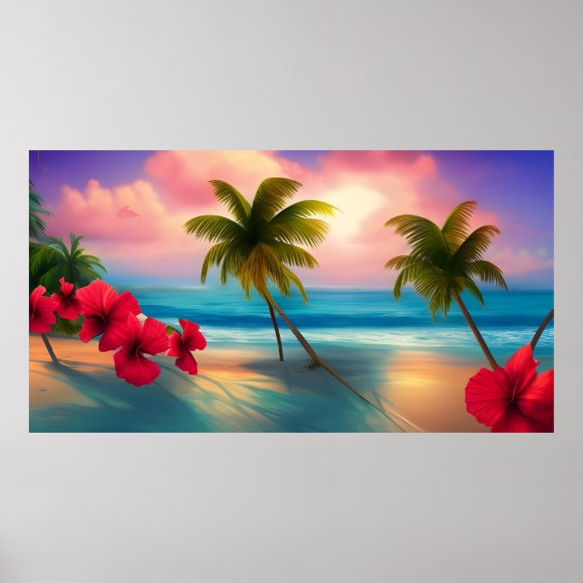 Tropischer Hibiskus Beach Mondlicht Ozeanpalmen Poster (Vorne)