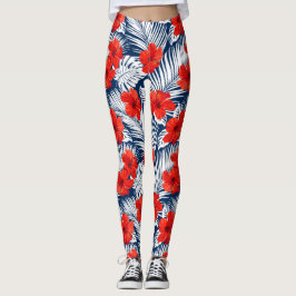 Tropischer Hibiskus Blume Ferns Red White Blue Leggings