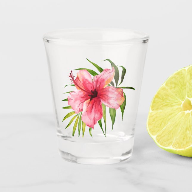 Tropischer Hibiskus Blume Palm Luau Party Schnapsglas (Vorderseite)