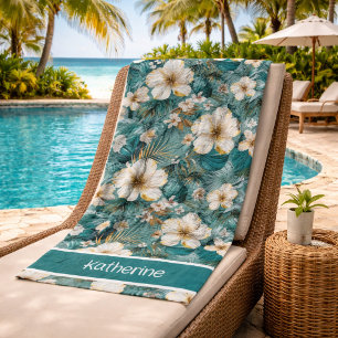Tropischer Hibiskus Blumen Teal Strandtuch