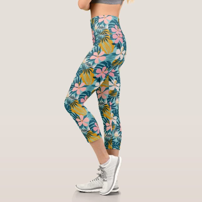 Tropischer Hibiskus Blumenmuster Capri Leggings (Links)