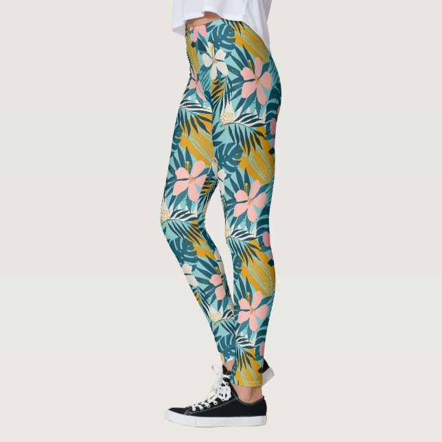 Tropischer Hibiskus Blumenmuster Leggings (Links)