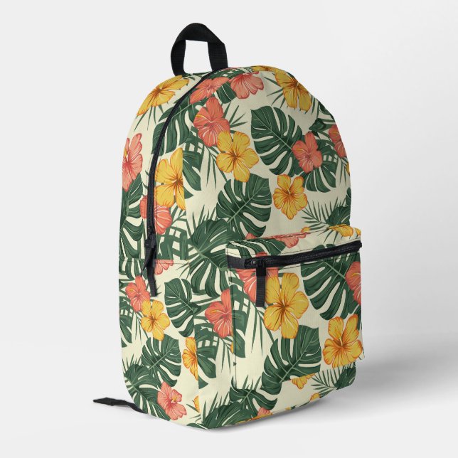 Tropischer Hibiskus Garden Bedruckter Rucksack (Rückseitige Ecke links)