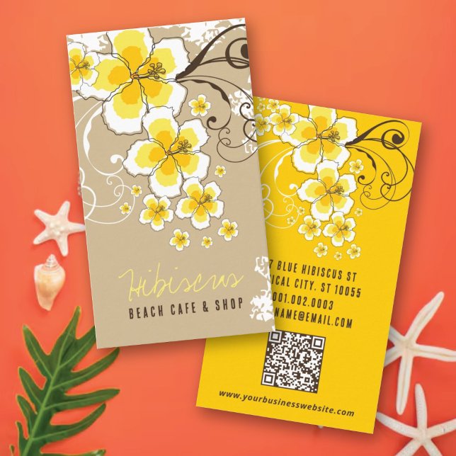 Tropischer Hibiskus Gelbe Blume Vintag Moderne Visitenkarte (Tropical Yellow Hibiscus Flowers And Swirls Rustic Business Card @ fatfatin_design)