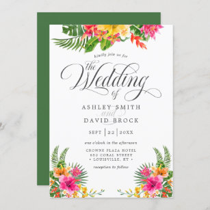 Tropischer Hibiskus-Kalligrafie-Hochzeit Einladung