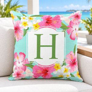 Tropischer Hibiskus-Monogramm-Aqua-Blumen Kissen