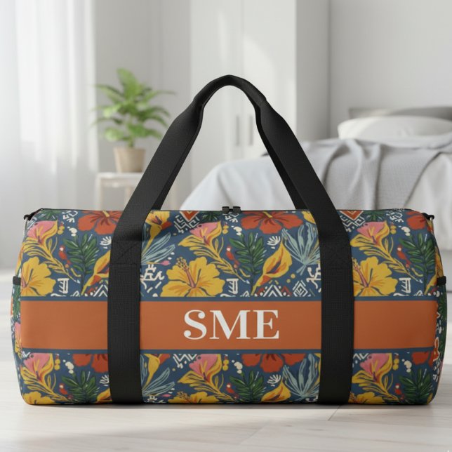 Tropischer Hibiskus Monogramm – Helles Reisegesche Duffle Bag (Afro Bohemian Floral Monogram Duffle Bag)