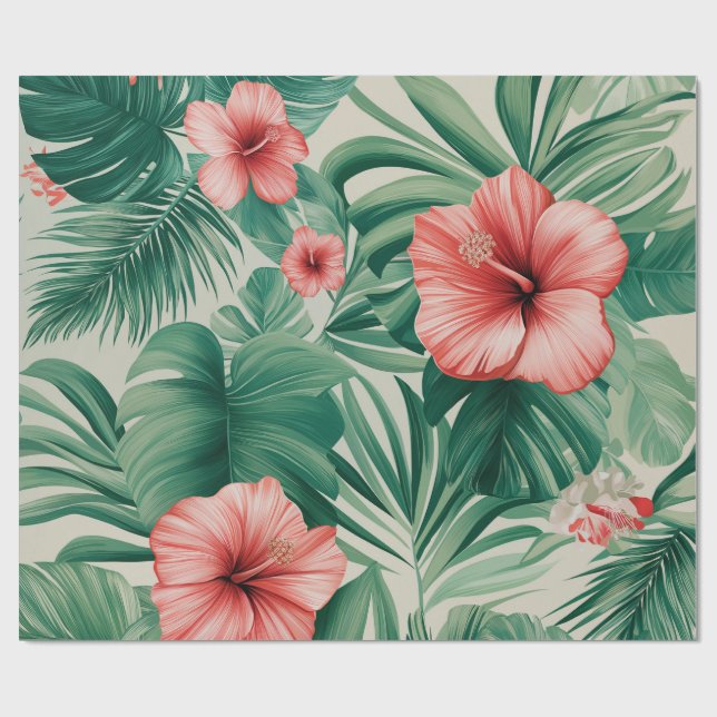 Tropischer Hibiskus & Monstera Geschenkpapier (Flach)