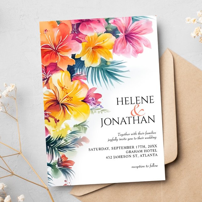 Tropischer Hibiskus Ocean Beach Hochzeit in Urlaub Einladung (Tropical Hibiscus Ocean Beach Destination Wedding Invitation)