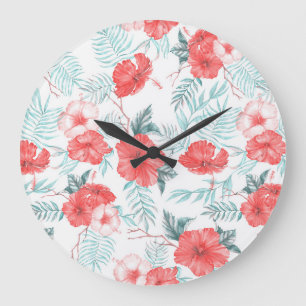 Tropischer Hibiskus-Palm-Seamless-Druck Große Wanduhr