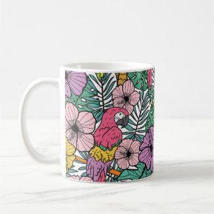 Tropischer Hibiskus, Palme, Papageien-Muster. Kaffeetasse