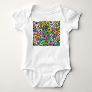 Tropischer Hibiskus, Palmen, Papageienmuster. Baby Strampler