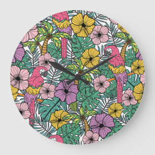 Tropischer Hibiskus, Palmen, Papageienmuster. Große Wanduhr