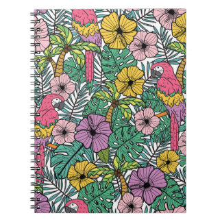 Tropischer Hibiskus, Palmen, Papageienmuster. Notizblock