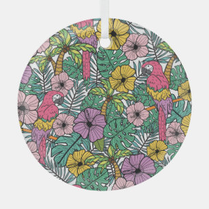 Tropischer Hibiskus, Palmen, Papageienmuster. Ornament Aus Glas