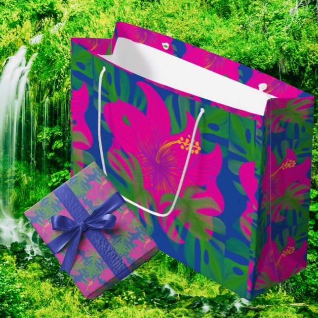 Tropischer Hibiskus Philodendron  Große Geschenktüte (Romantic vibrant tropical hibiscus artwork!)