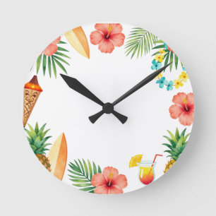 Tropischer Hibiskus-Rahmen Aloha-Vibes Runde Wanduhr