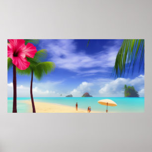 Tropischer Hibiskus Strand Mondlicht Ozean Palmen Poster