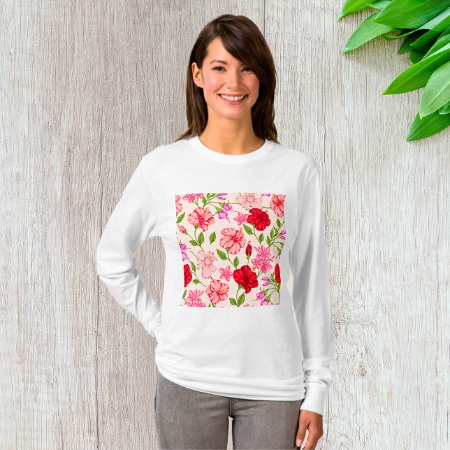 Tropischer Hibiskus und Plumeria Blumenmuster T-Shirt (Von Creator hochgeladen)