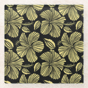 Tropischer Hibiskus: Vintage schwarz-gelbe Blume. Glasuntersetzer