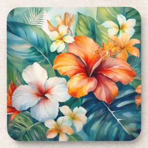 Tropischer Hibiskus Wasserfarbe Hawaiischer Garten Getränkeuntersetzer