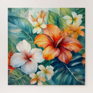Tropischer Hibiskus Wasserfarbe Hawaiischer Garten Puzzle