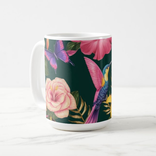 Tropischer Himmel: Tasse mit Blumendesign und Voge (Vorderseite Links)